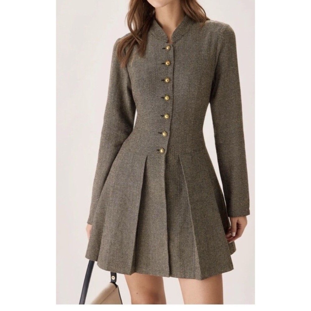 Rihoas Grey Button Pleated Mini Dress featuring